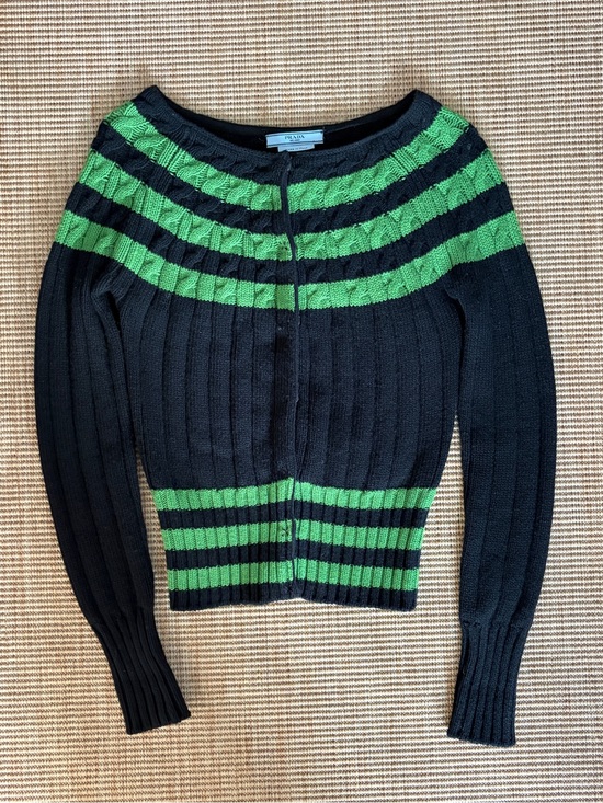 Prada Sweaters - Vintage Prada Cashmere Wool Bateau Boatneck Striped Knit Cardigan Sweater Black